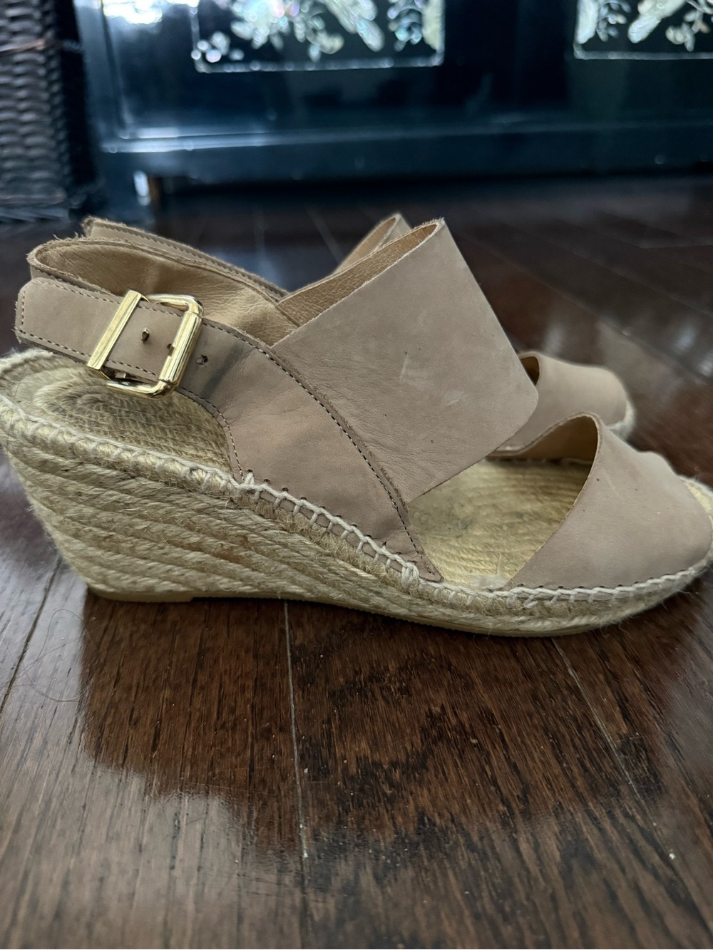Neutral Taupe Espadrille Wedge Sandal with Ankle Buckle